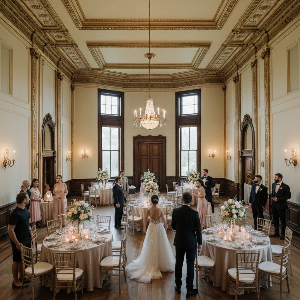 A stunning historic mansion ballroom set up for a wedding reception